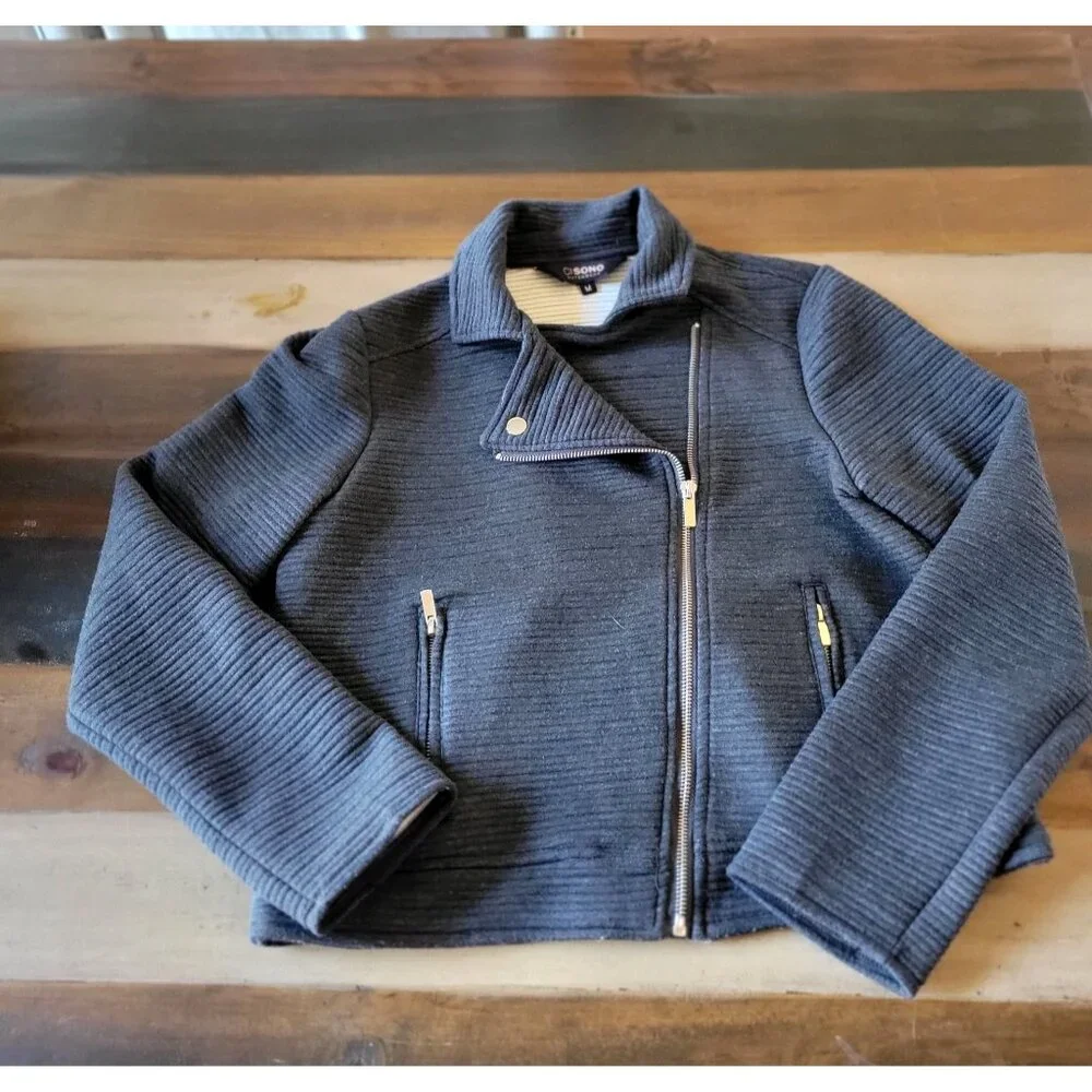 CI SONO Charcoal Gray Ribbed Stretch Knit Motorcycle Jacket Size M